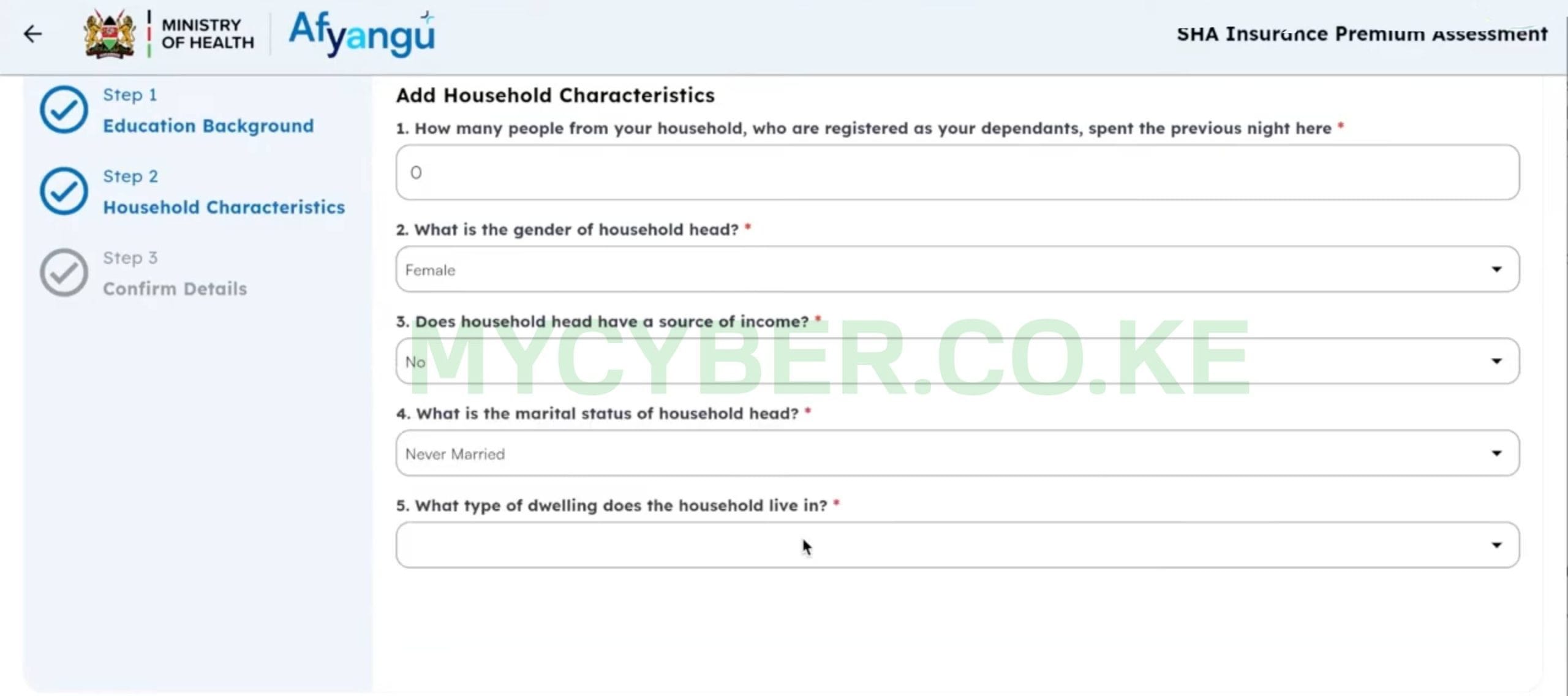 SHA Means Test Step 2 opening screen — Household Characteristics on afyayangu.go.ke