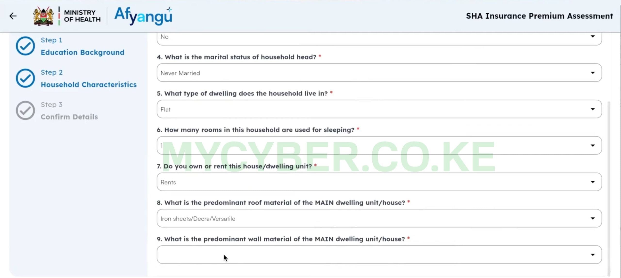SHA Means Test — marital status and household income questions on afyayangu.go.ke