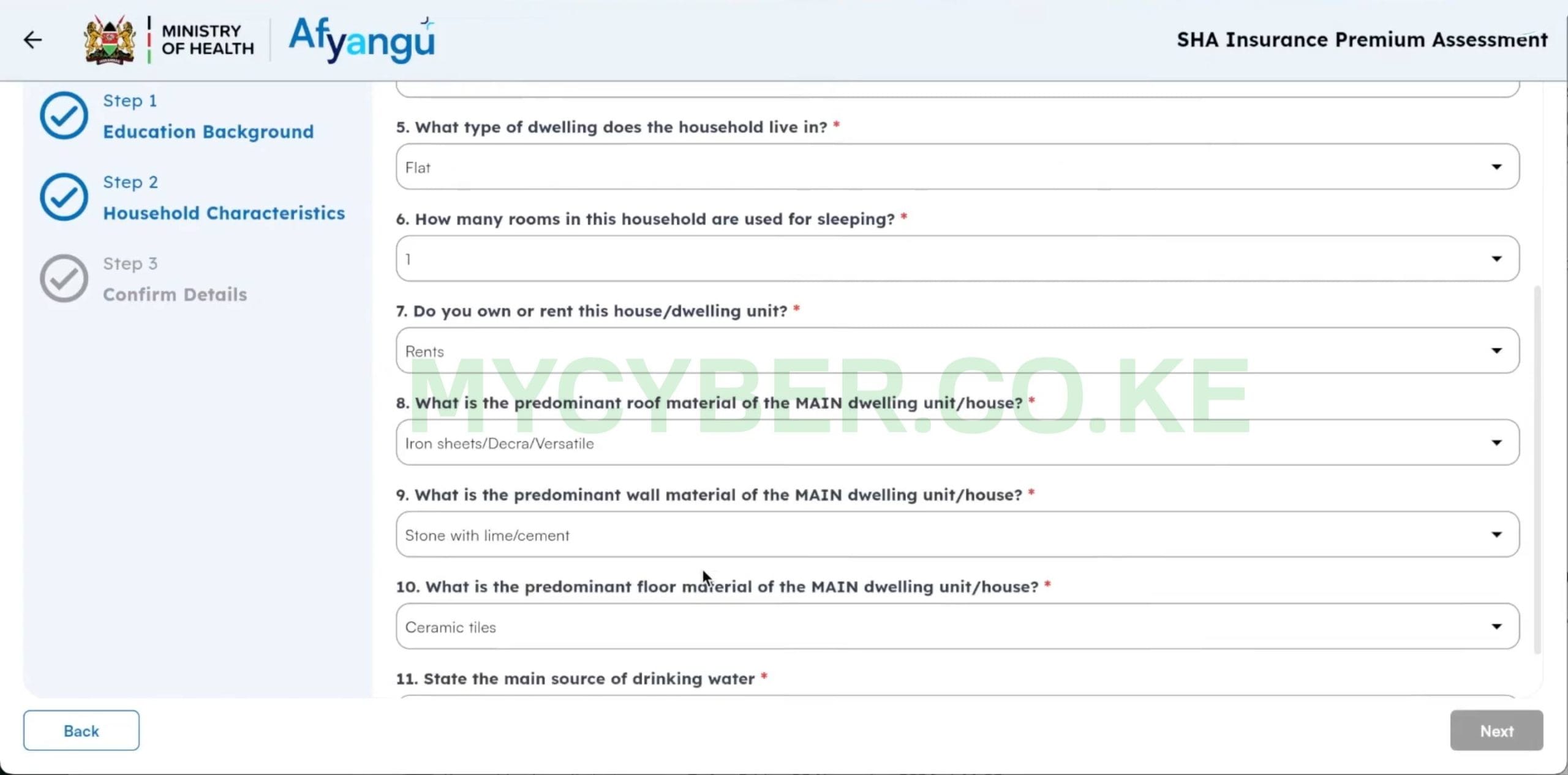 SHA Means Test — dwelling type, sleeping rooms and ownership questions