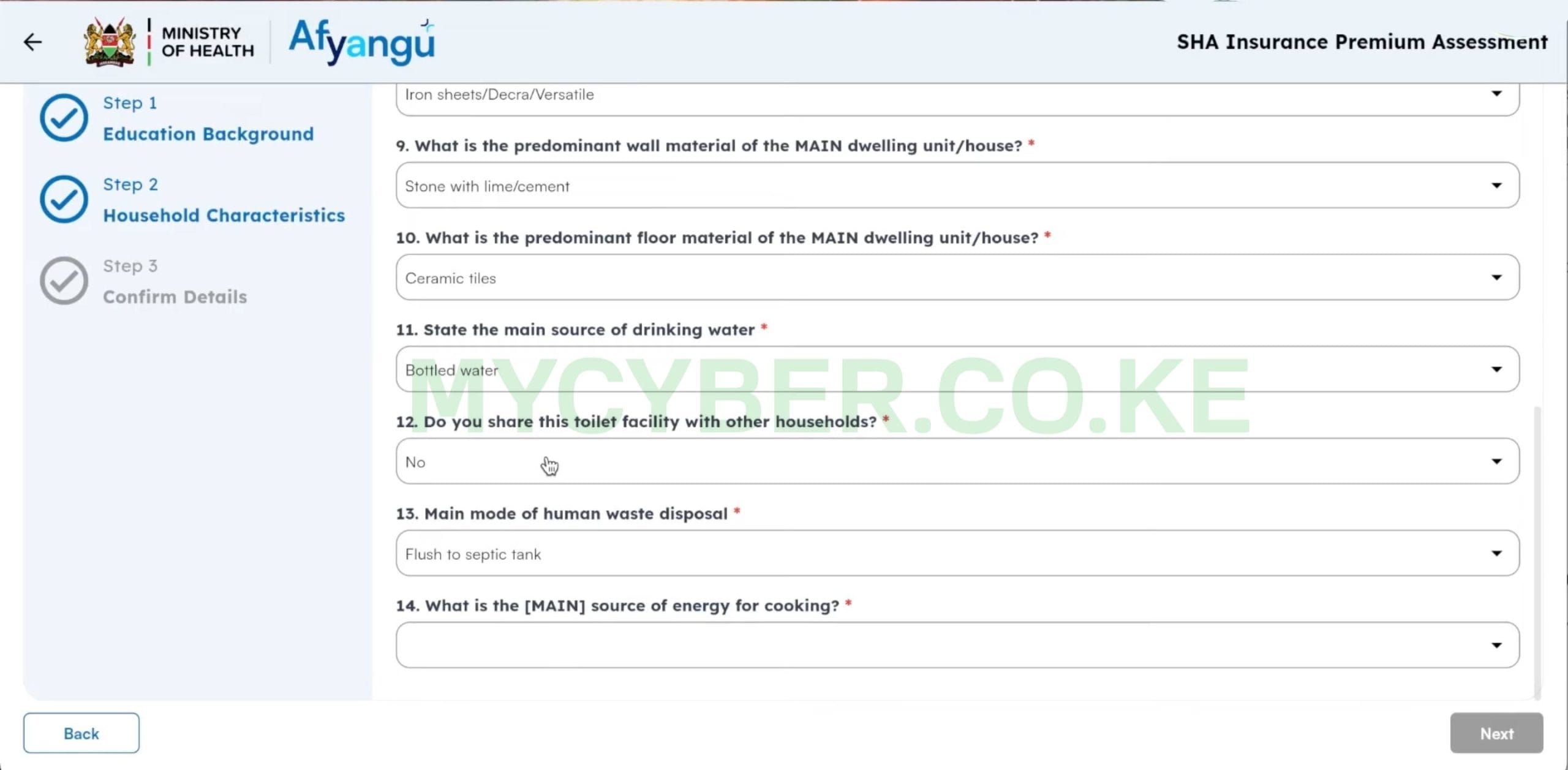 SHA Means Test — roof and wall material questions on afyayangu.go.ke