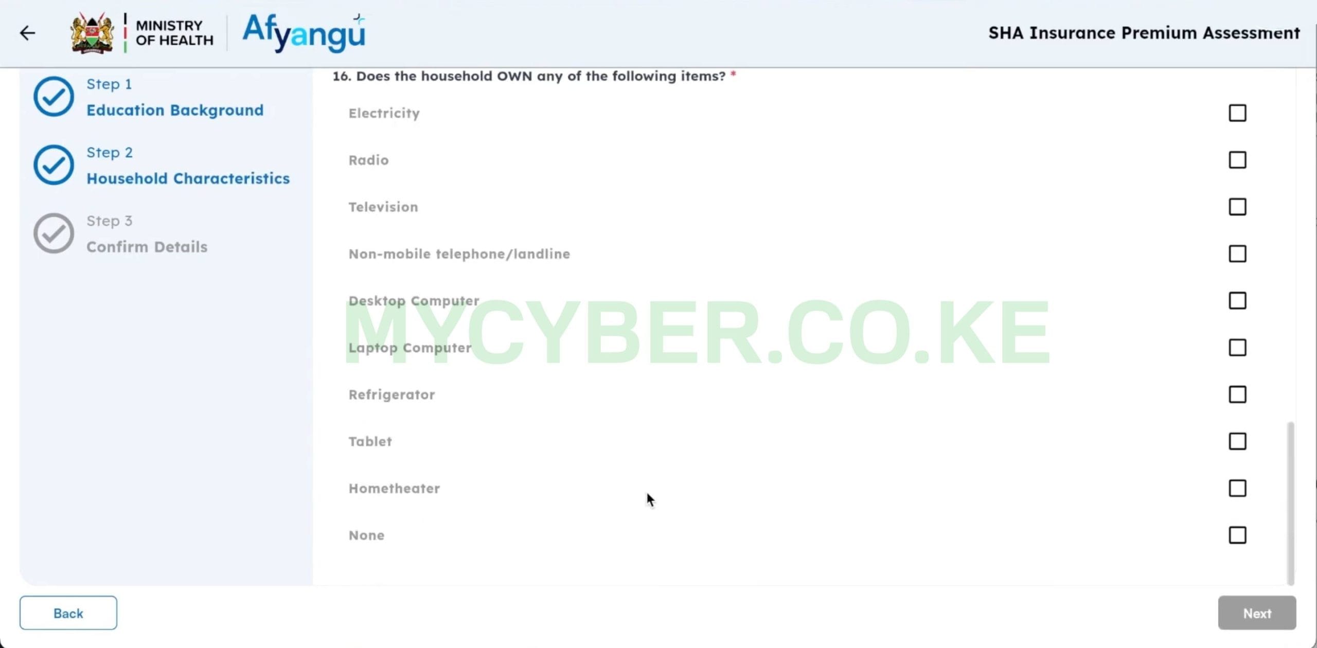 SHA Means Test — floor material, water source and toilet questions on afyayangu.go.ke