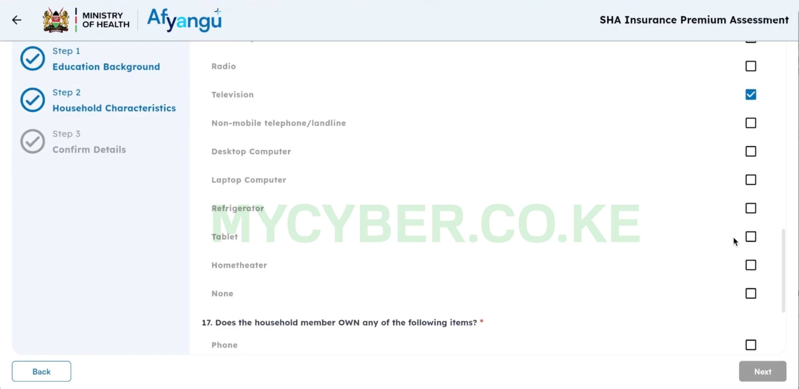 SHA Means Test — toilet, waste disposal and cooking energy questions on afyayangu.go.ke