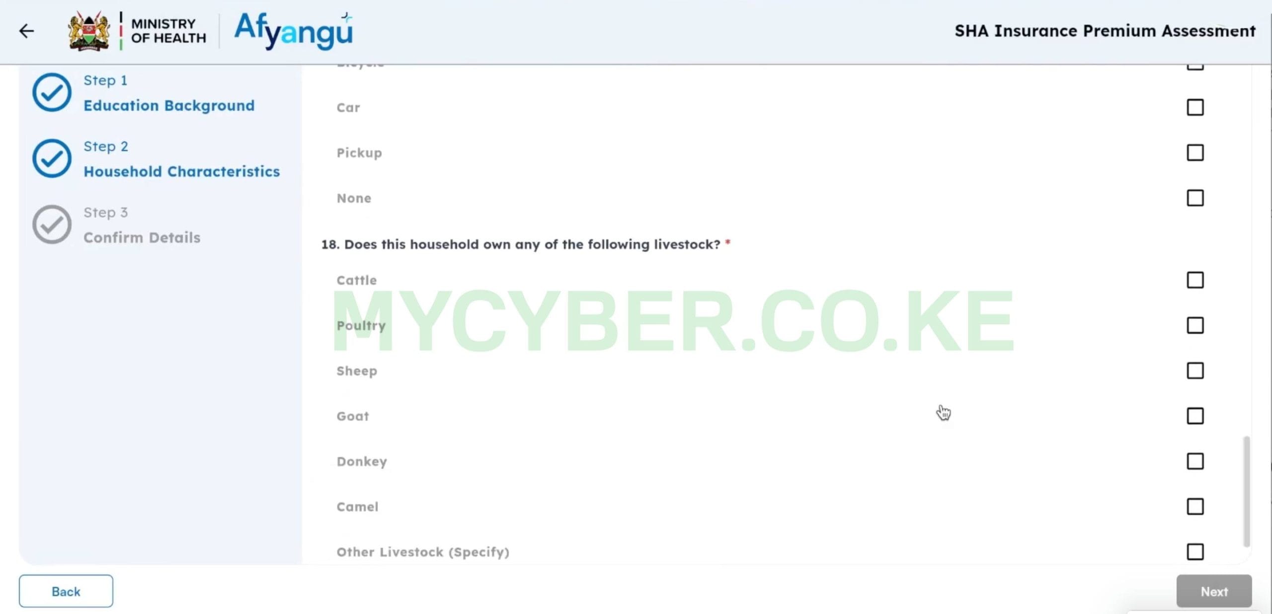 SHA Means Test — household assets, vehicles and social assistance questions on afyayangu.go.ke