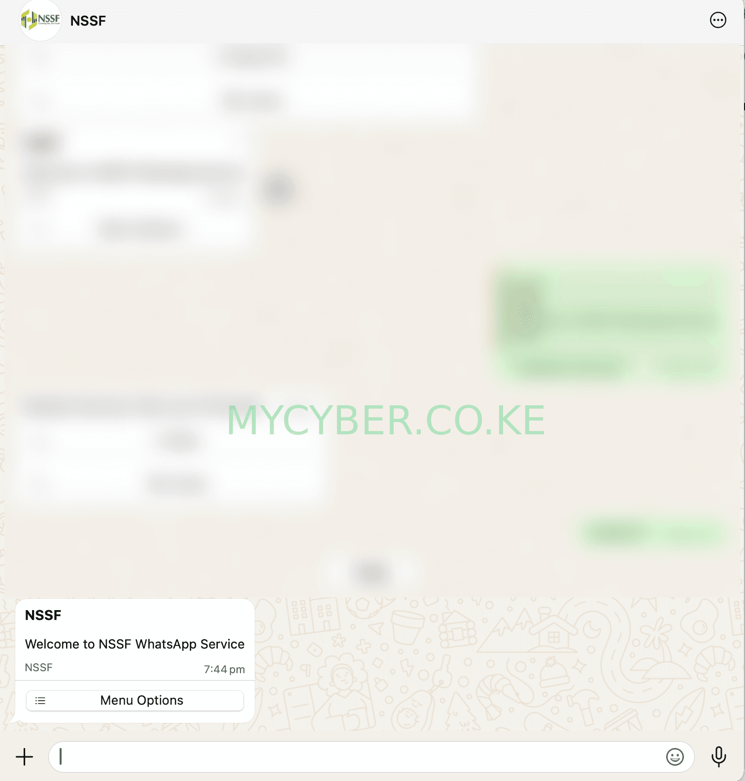 Welcome to NSSF WhatsApp Service message shown after texting the NSSF chatbot