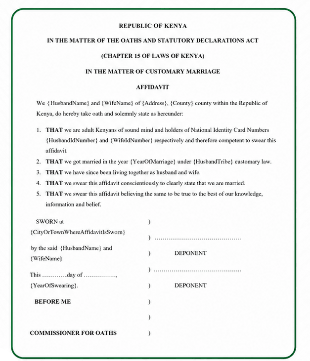 Sample statutory affidavit accepted by SHA as proof of marriage without a marriage certificate