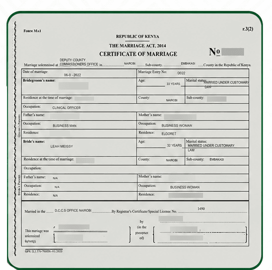 Sample Kenyan marriage certificate accepted when adding a spouse to SHA