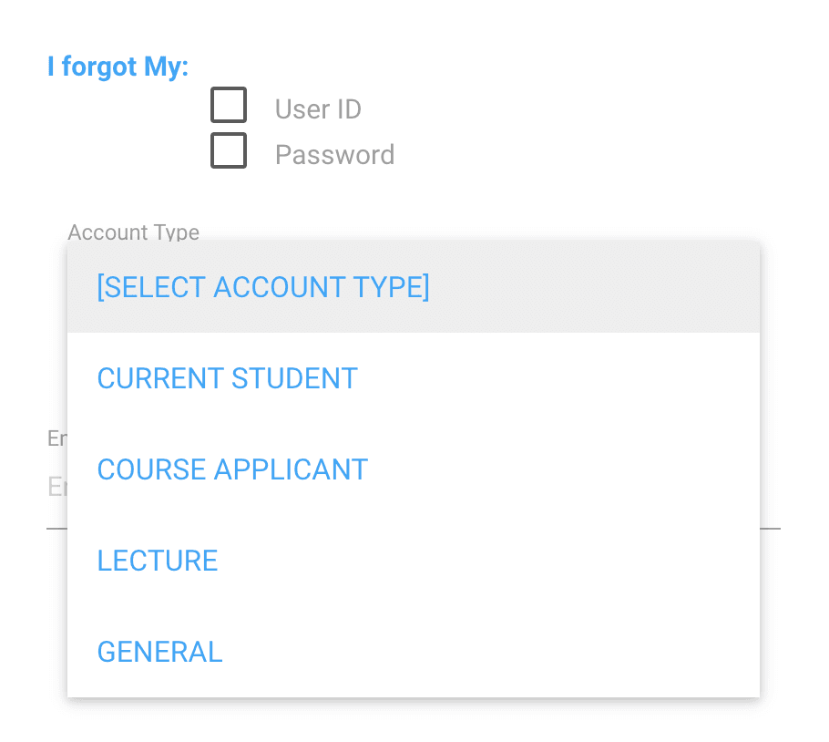 KSTVET forgot password account type dropdown showing Current Student Course Applicant Lecturer General options
